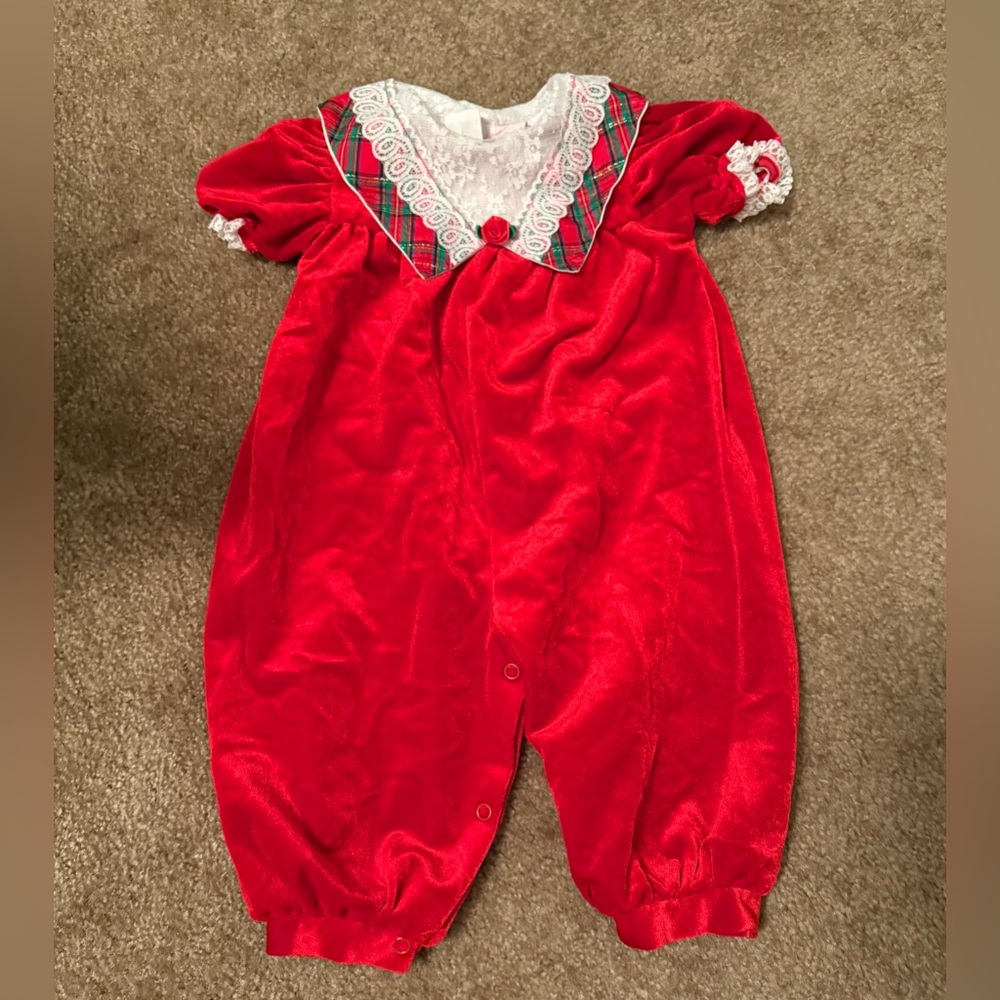 Vintage baby 12 months Red Velvet Baby Romper with Plaid Collar/lace holiday